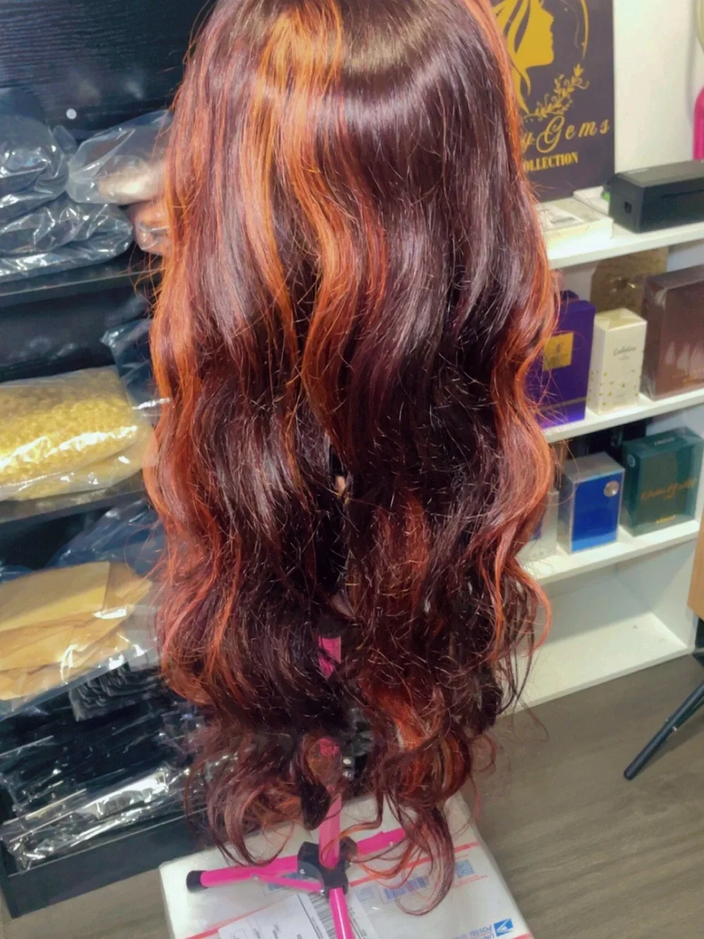 Natural Wave Lace Front Wig in Black with Orange Highlights